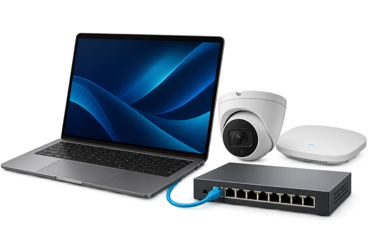 Laptop de trabajo, cámara de seguridad, switch y punto de acceso Wi-Fi